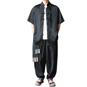 风A树叶暗纹提花冰丝短袖衬衫男飞鼠裤套装男TZ171-P136控158图片