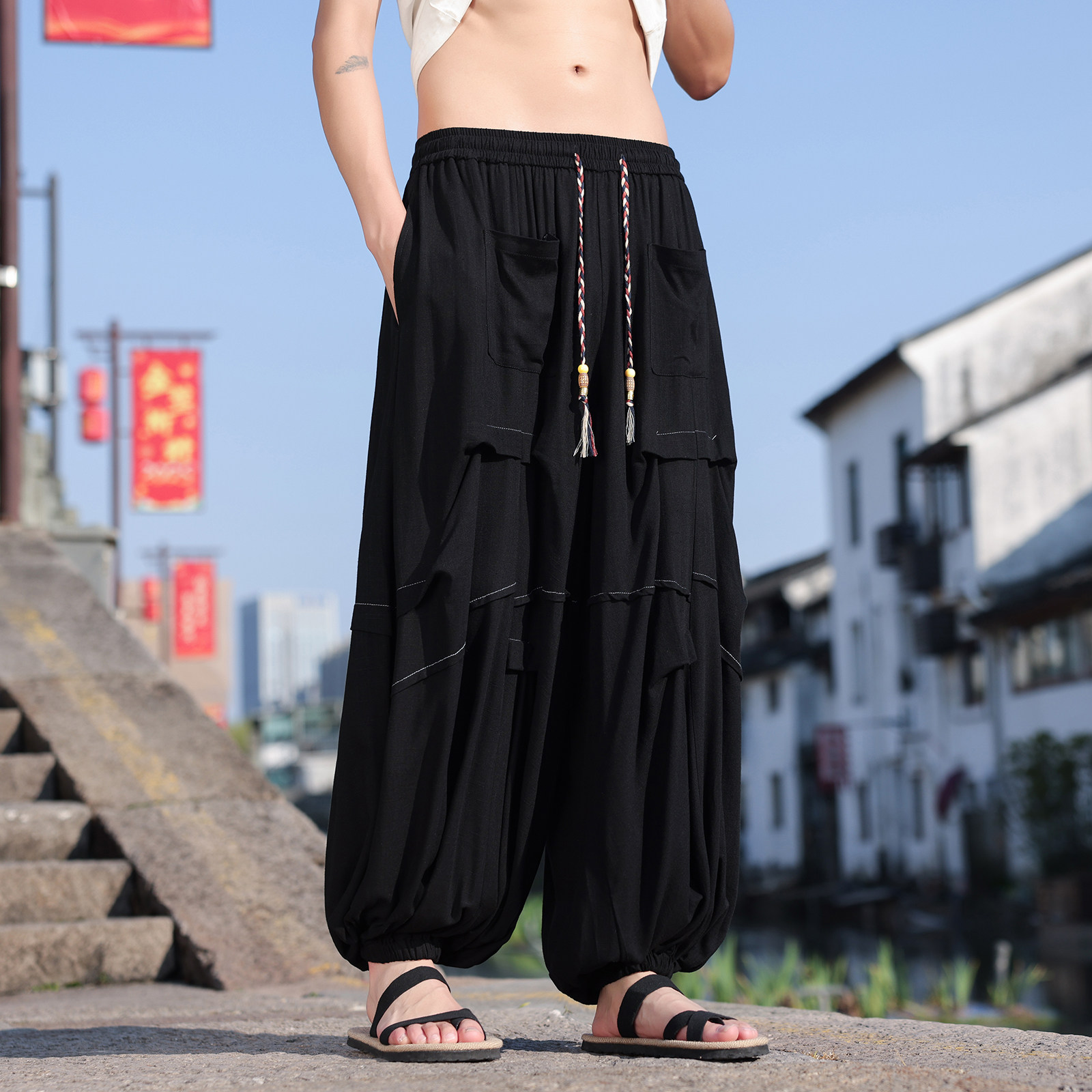 风O亚麻棉麻冰感折褶小众设计宽松阔腿裤男K229-P78控98,男装休闲裤,电商A005