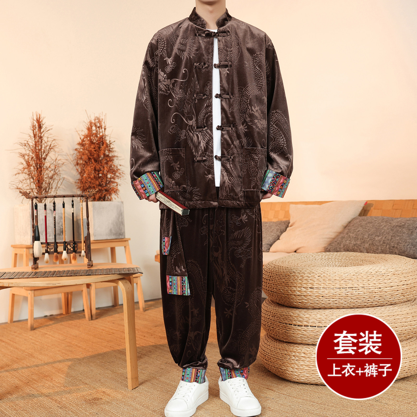 新中式K民族风金丝绒龙纹夹克舞蹈阔腿裤套装男TZ175-P143控168,男装休闲套装,电商A005