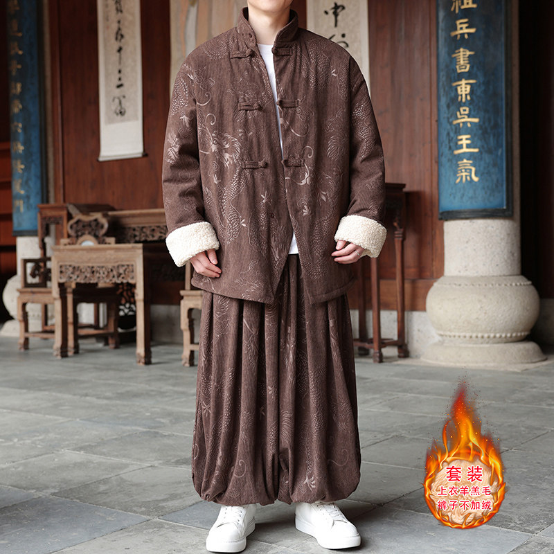 新中式AK龙纹灯芯绒羊羔毛夹克棉衣服保暖套装男TZ131-P203控228,男装休闲套装,电商A005