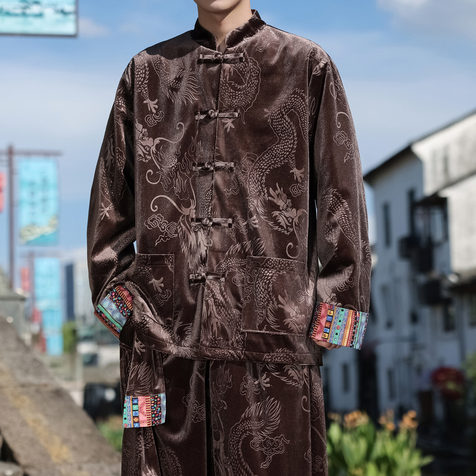 新中式K拼色民族风盘扣金丝绒龙纹衬衫夹克外套男JK26-P75控88，男装衬衫，电商A005