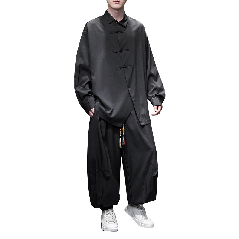 新中式暗黑A盘扣冰丝衬衫工装机能大口袋裤套装男TZ26-P130控158,男装T恤,电商A005
