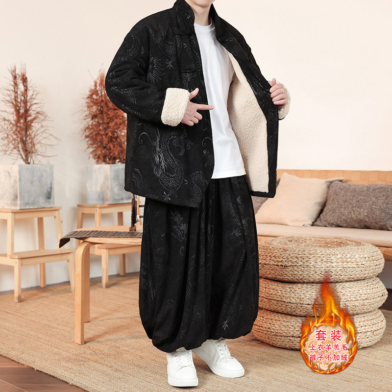 新中式X龙纹灯芯绒羊羔毛夹克棉衣服保暖套装男TZ131-P203控228图片