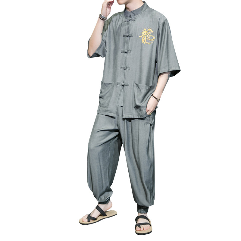 风盘扣冰丝龙刺绣A太极服装盘扣天丝上衣套装TZ08-P110控138,男装休闲套装,电商A005