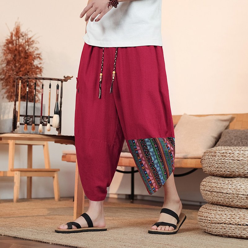 民族风F新中式棉麻宽松大裤裆阔腿裤七分萝卜裤男DK221-P68控88，男装民族服装，电商A005