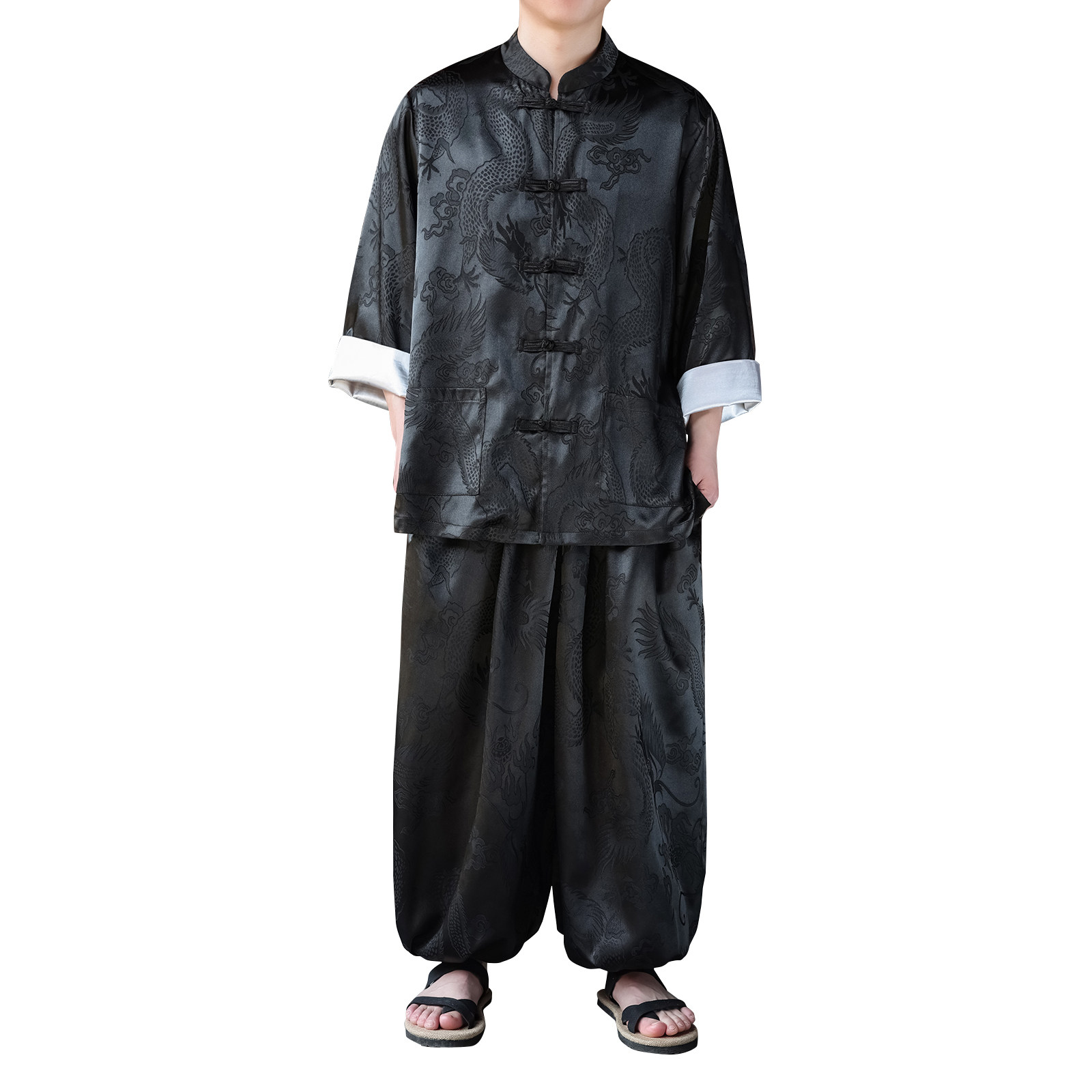 风L盘扣暗花龙纹冰丝衬衫萝卜裤套装男TZ159-P120控148,男装休闲套装,电商A005