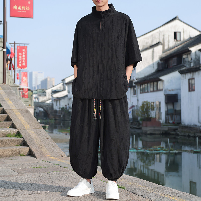 风A高领破洞镂空乞丐装冰丝t恤束脚裤套装男TZ79-P143控168,男装休闲套装,电商A005