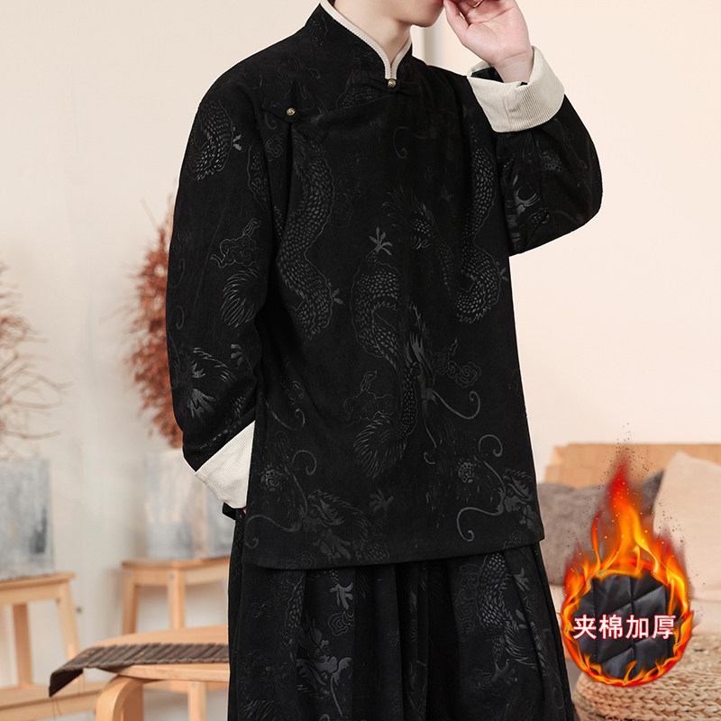 新中式K斜襟龙纹灯芯绒中山装夹棉加厚外套棉衣JK1020-P135控158,男装棉衣,电商A005