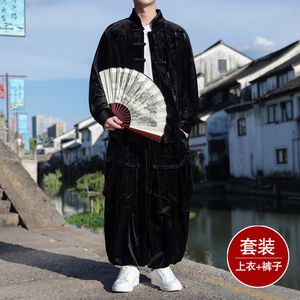 新中式I盘扣龙纹金丝绒衬衫夹克折褶阔腿裤套装男TZ181-P146控168图片