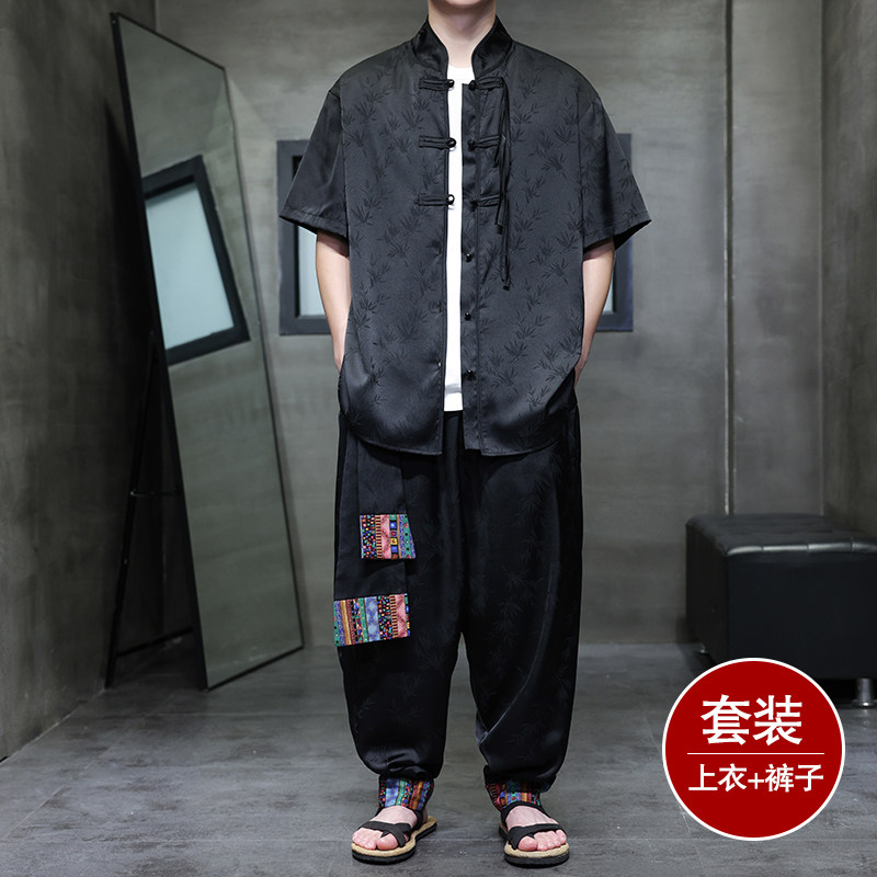 风C树叶暗纹提花冰丝短袖衬衫男飞鼠裤套装男TZ171-P136控158,男装衬衫,电商A005