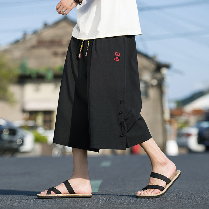 风G暗黑冰丝刺绣盘扣运动阔腿裤小众设计七分裤DK117-P55控78,男装牛仔裤,电商A005