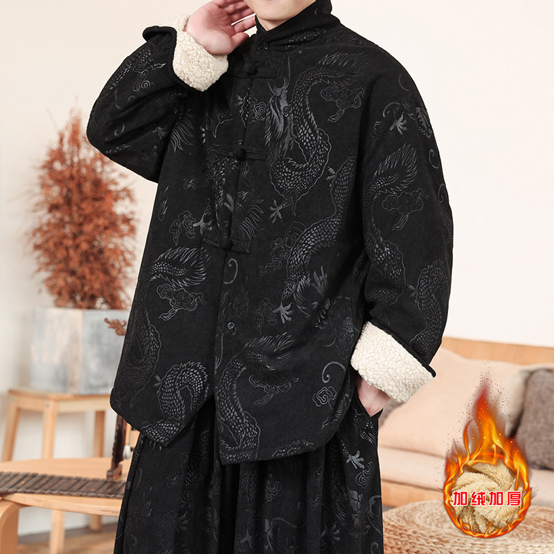 新中式L斜领盘扣龙纹暗花灯芯绒羊羔毛夹克棉衣服JK19-P135控158,男装夹克,电商A005