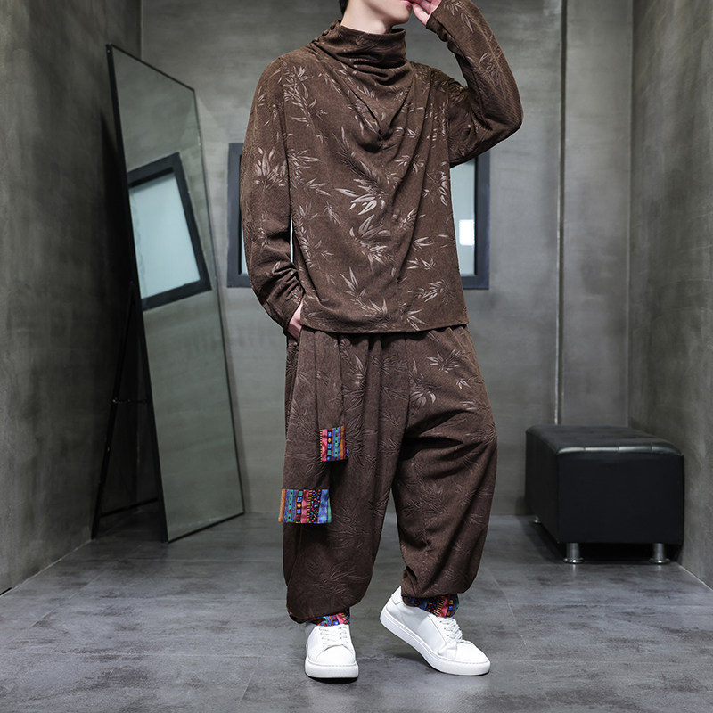 树叶灯芯绒B堆堆领T恤男大裤裆舞蹈阔腿裤套装TZ128-P133控158，男装T恤，电商A005