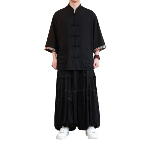 风K拼色棉麻衬衫外套折褶小众阔腿裤套装男TZ169-P153控178图片