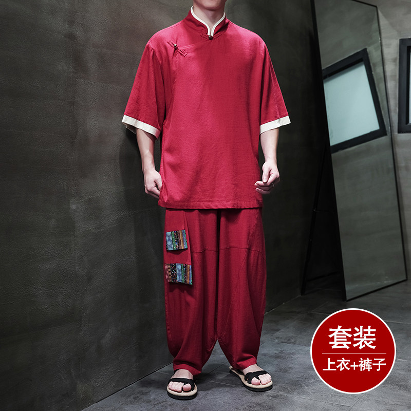 斜襟盘扣G亚麻中袖衬衫民族风演出阔腿裤套装男TZ166-P176控198,男装衬衫,电商A005