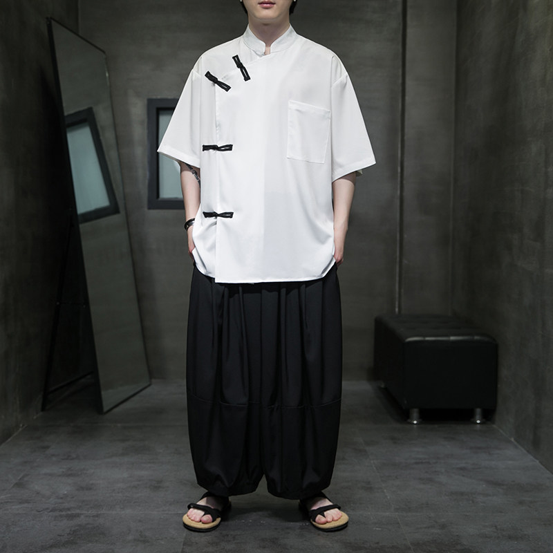 新中式F冰丝盘扣上衣小众大喇叭水桶裤九分裤套装TZ23-P130控158，男装休闲套装，电商A005