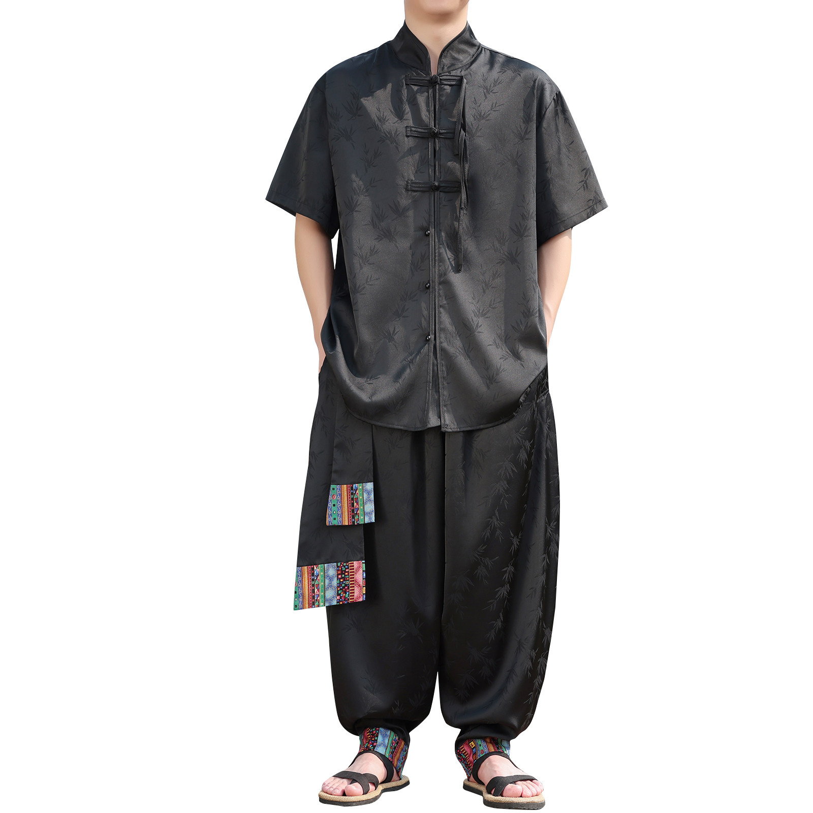 风G树叶暗纹提花冰丝短袖衬衫男飞鼠裤套装男TZ171-P136控158,男装休闲套装,电商A005