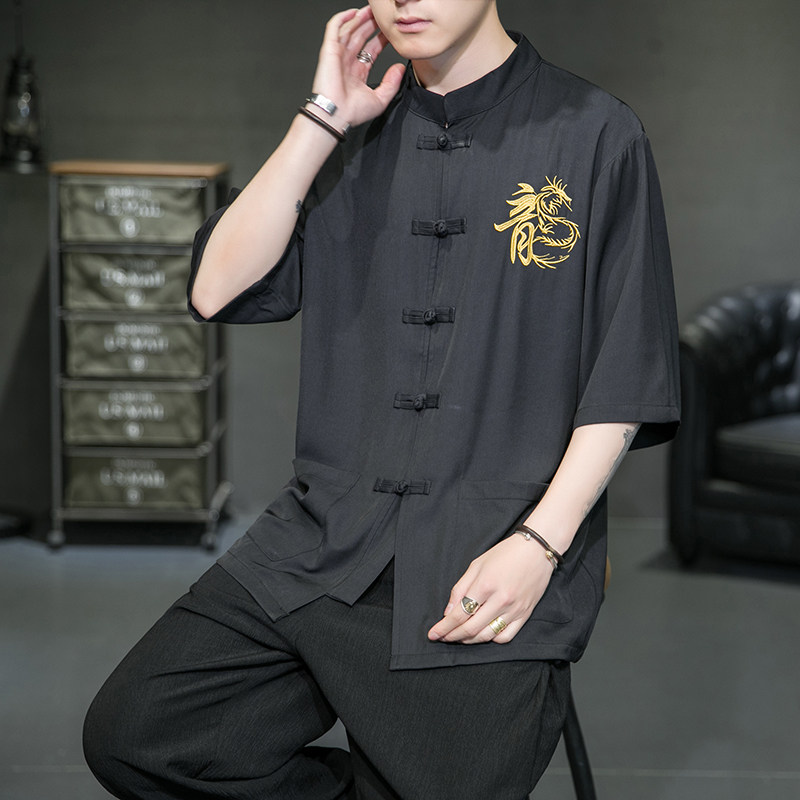风盘扣冰丝龙刺绣太极服装坠感D盘扣上衣A005-JK08-P55,男装衬衫,电商A005