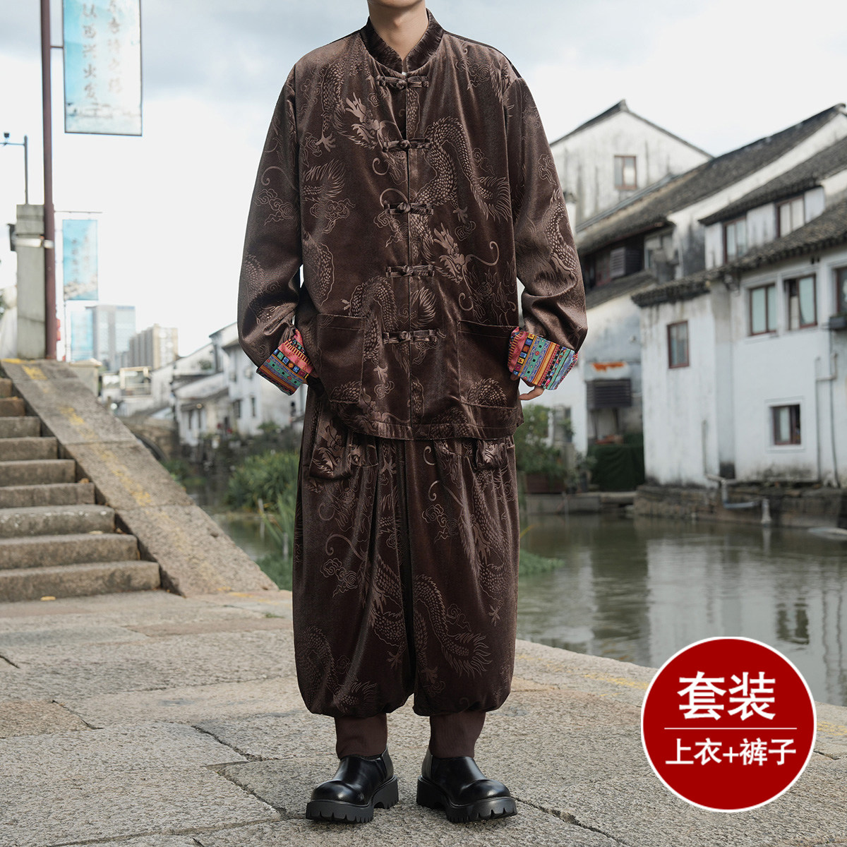 新中式B民族风金丝绒龙纹夹克哈伦裤飞鼠裤套装男TZ177-P143控168,男装休闲套装,电商A005
