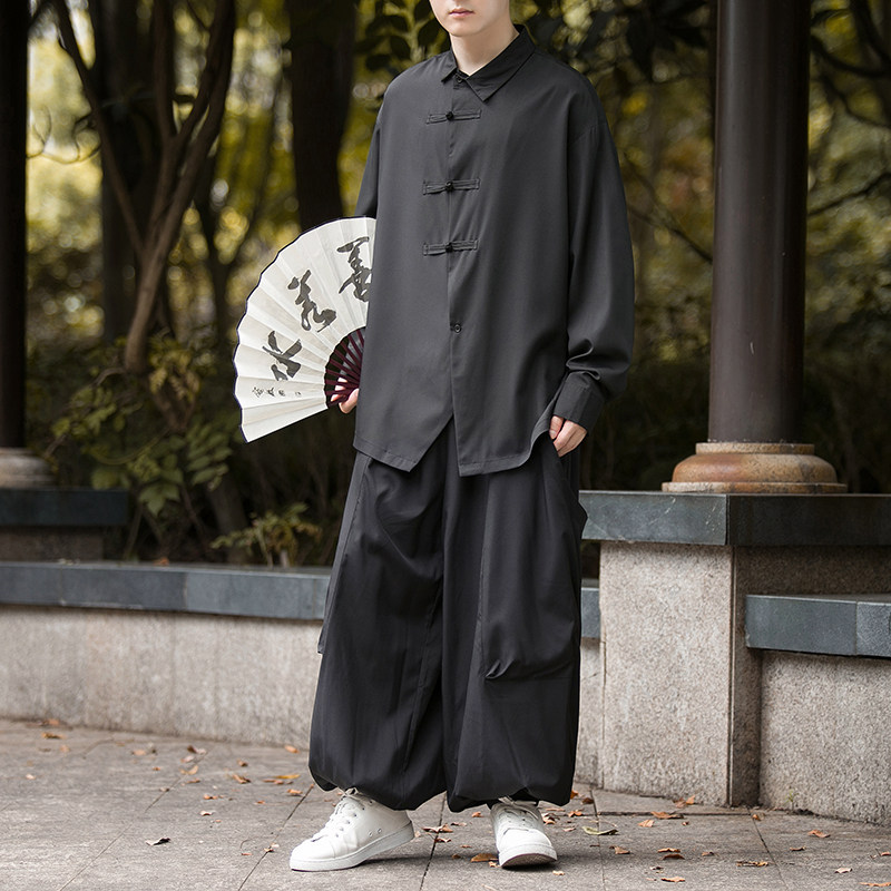 新中式暗黑D盘扣冰丝衬衫工装机能大口袋裤套装男TZ26-P130控158,男装T恤,电商A005