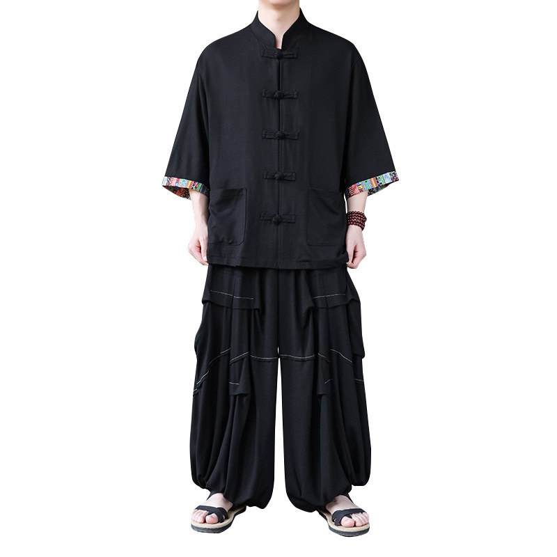 风A拼色棉麻衬衫外套折褶小众阔腿裤套装男TZ169-P153控178,男装休闲套装,电商A005
