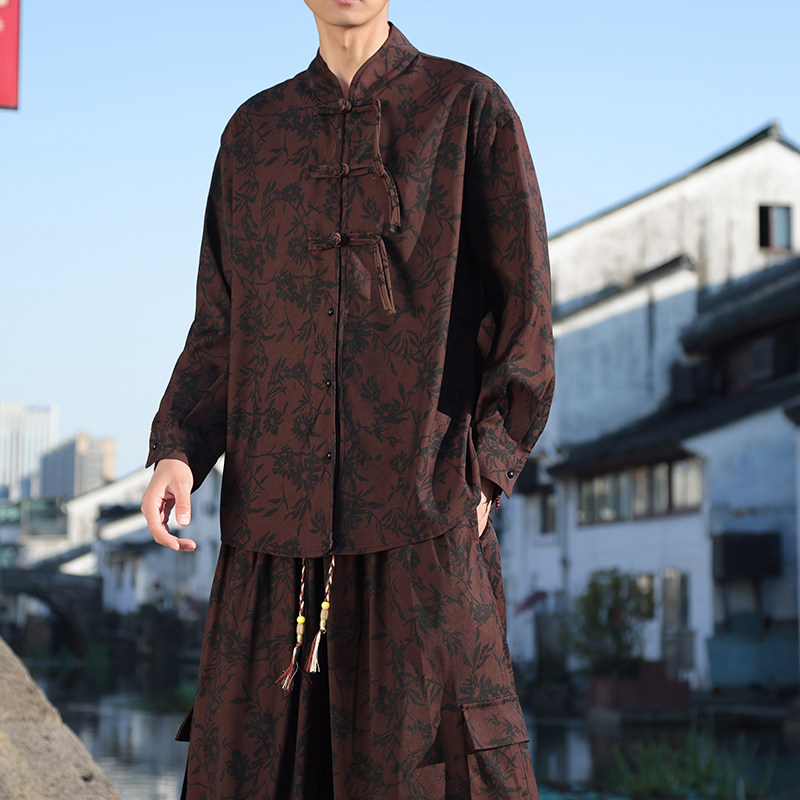 新中式A盘扣长袖衬衫男汉服唐装中山装树叶印花外套CS26-P68控88，男装衬衫，电商A005