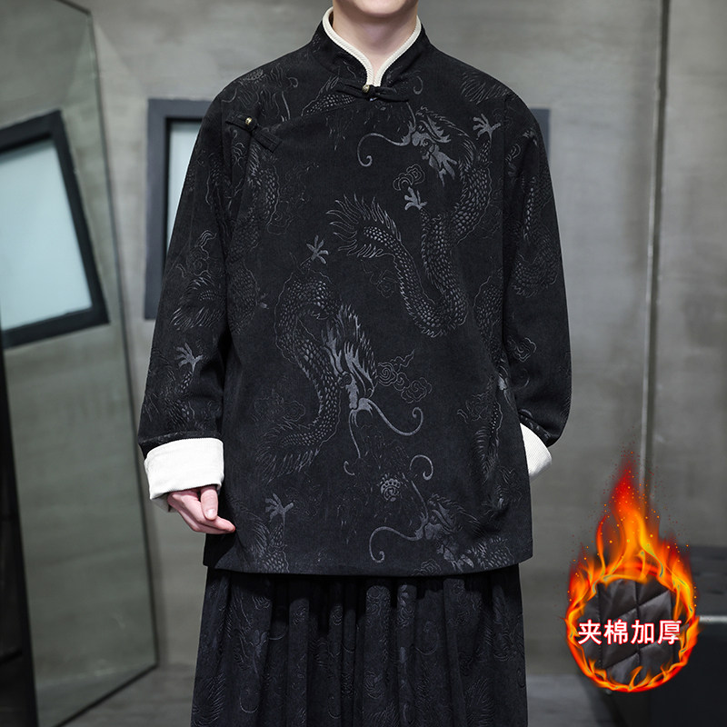 新中式D斜襟龙纹灯芯绒中山装夹棉加厚外套棉衣JK1020-P135控158,男装棉衣,电商A005