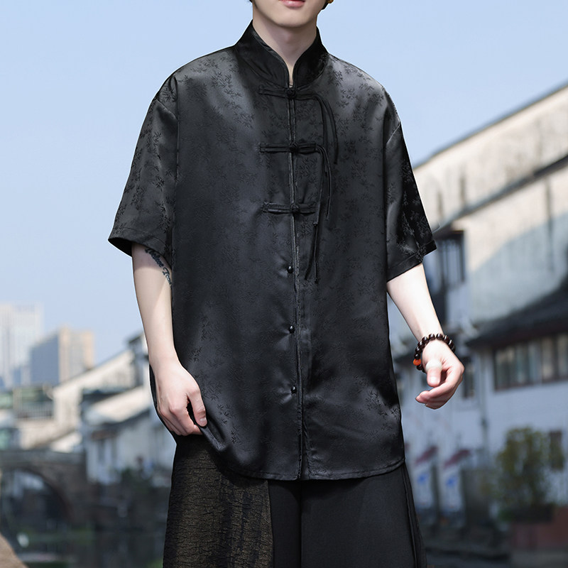 新中式K风盘扣小众树叶提花透气冰丝短袖衬衫男CS52-P68控88图片