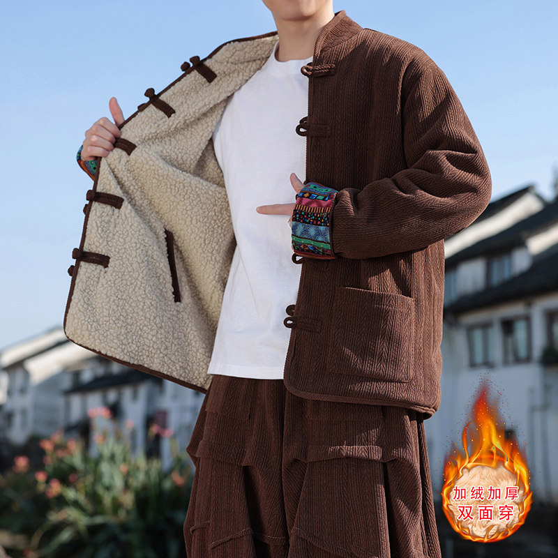 新中式U麦穗羊羔毛加绒加厚双面穿棉服夹克棉衣男JK21-P135控158,男装棉衣,电商A005