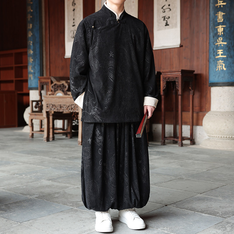 新中式AB龙纹灯芯绒中山装夹克外套束脚裤套装男TZ132-P173控198,男装休闲套装,电商A005