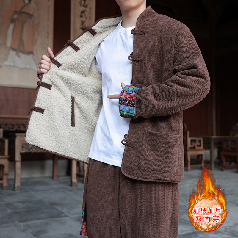 新中式N麦穗羊羔毛加绒加厚双面穿棉服夹克棉衣男JK21-P135控158,男装夹克,电商A005
