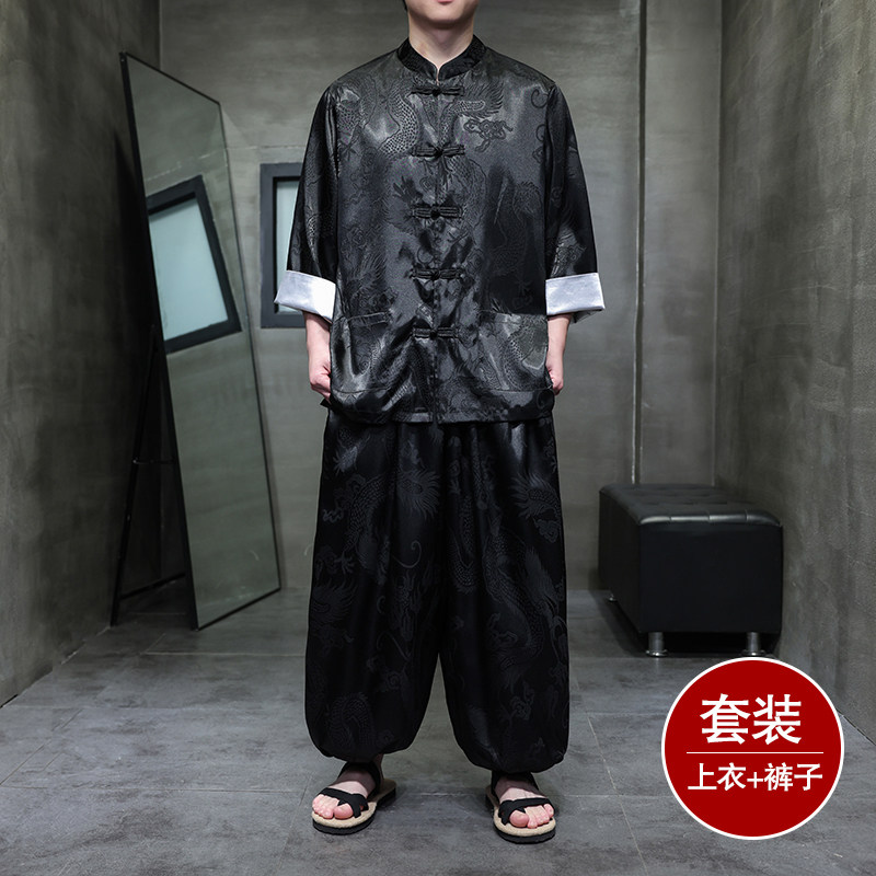 风E盘扣暗花龙纹冰丝衬衫萝卜裤套装男TZ159-P120控148图片
