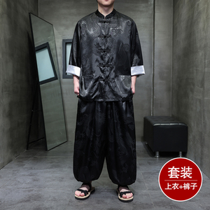 风E盘扣暗花龙纹冰丝衬衫萝卜裤套装男TZ159-P120控148图片