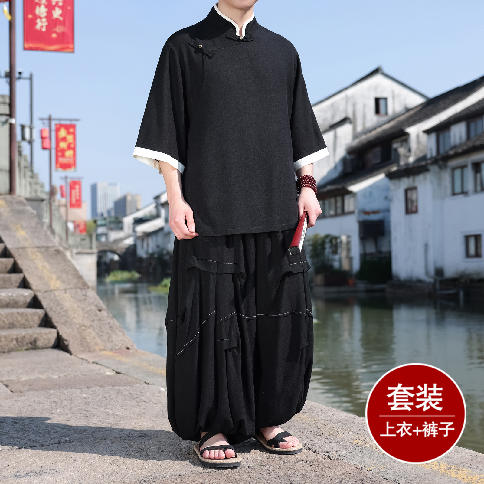 风O斜襟棉麻衬衫中山装外套折褶阔腿裤套装男TZ170-P166控188，男装休闲套装，电商A005
