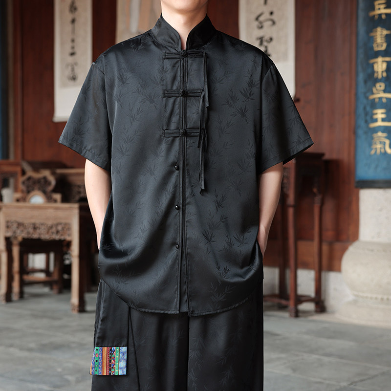 新中式G风盘扣小众树叶暗纹提花冰丝短袖衬衫男CS72-P68控88,男装衬衫,电商A005