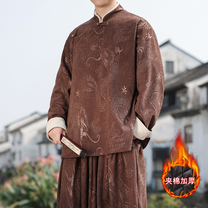 新中式S斜襟龙纹灯芯绒中山装夹棉加厚外套棉衣JK1020-P135控158,男装棉衣,电商A005
