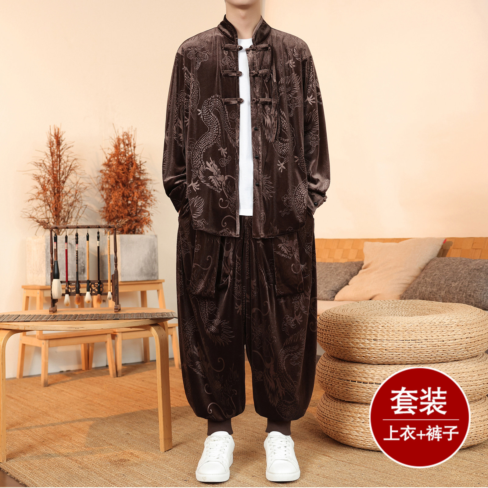 新中式H盘扣龙纹金丝绒外套男哈伦裤飞鼠裤套装男TZ182-P136控158图片