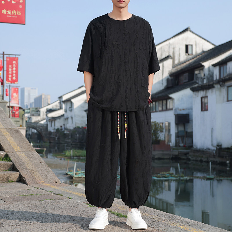 风A新中式风破洞冰丝镂空t恤男束脚裤套装TZ78-P140控168,男装休闲套装,电商A005
