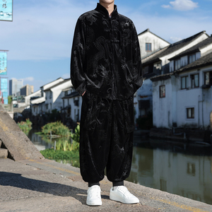 新中式F盘扣龙纹金丝绒外套男哈伦裤飞鼠裤套装男TZ182-P136控158图片