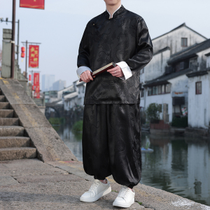 风A盘扣龙纹暗花冰丝衬衫夹克萝卜裤套装男TZ155-P120控148图片