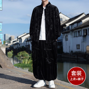 新中式E盘扣龙纹金丝绒衬衫夹克折褶阔腿裤套装男TZ181-P146控168图片