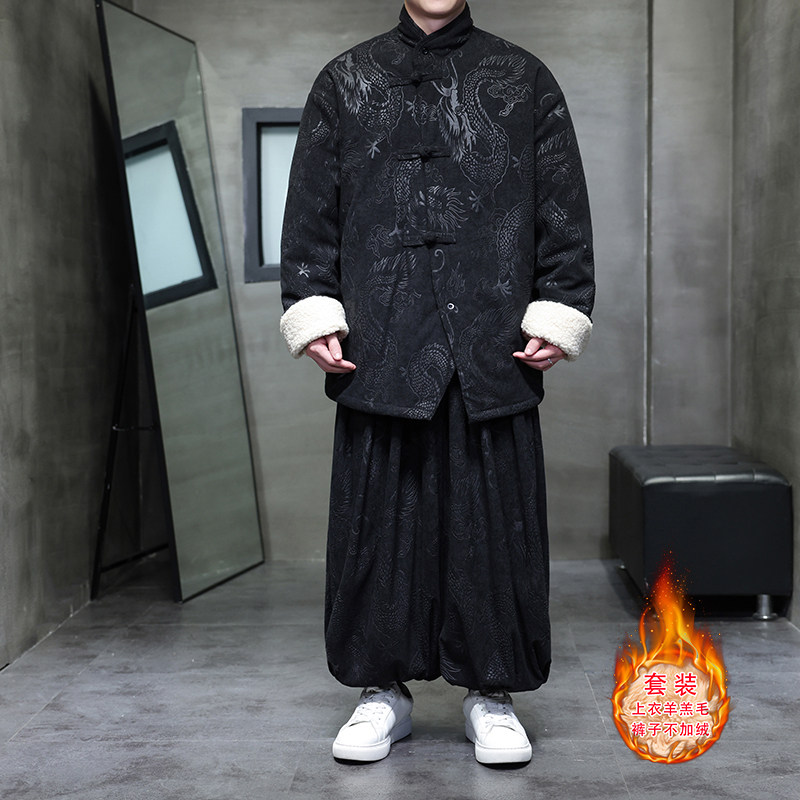 新中式A龙纹灯芯绒羊羔毛夹克棉衣服保暖套装男TZ131-P203控228,男装夹克,电商A005