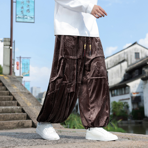 新中式T风金丝绒龙纹垂感折褶小众设计阔腿裤男K258-P78控98图片