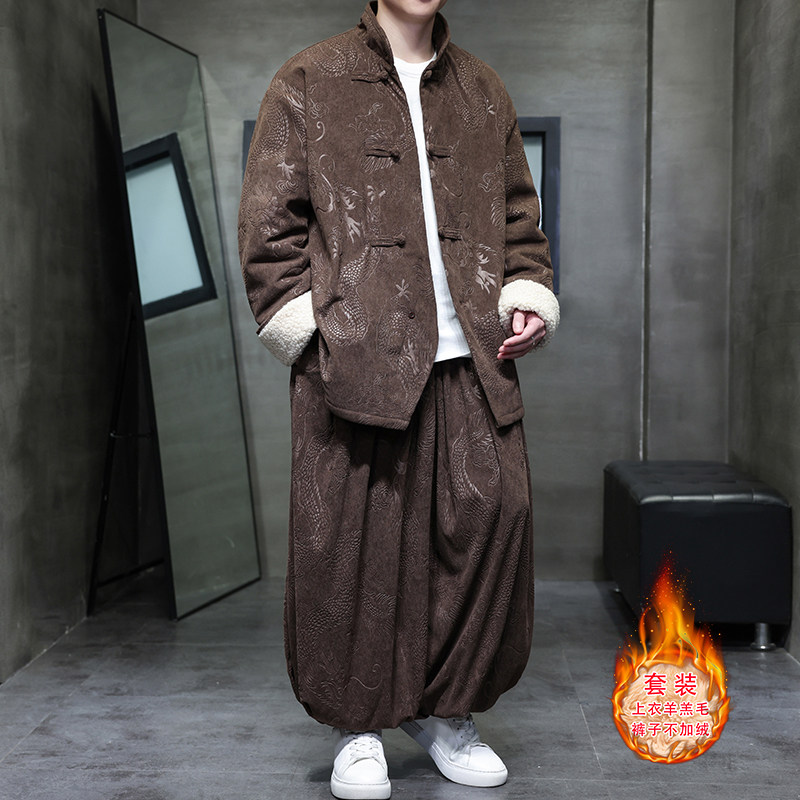 新中式F龙纹灯芯绒羊羔毛夹克棉衣服保暖套装男TZ131-P203控228,男装夹克,电商A005