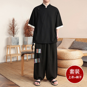 斜襟盘扣L亚麻中袖衬衫民族风演出阔腿裤套装男TZ166-P176控198图片