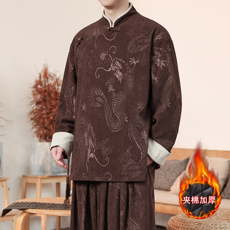 新中式K斜襟龙纹灯芯绒中山装夹棉加厚外套棉衣JK1020-P135控158,男装棉衣,电商A005