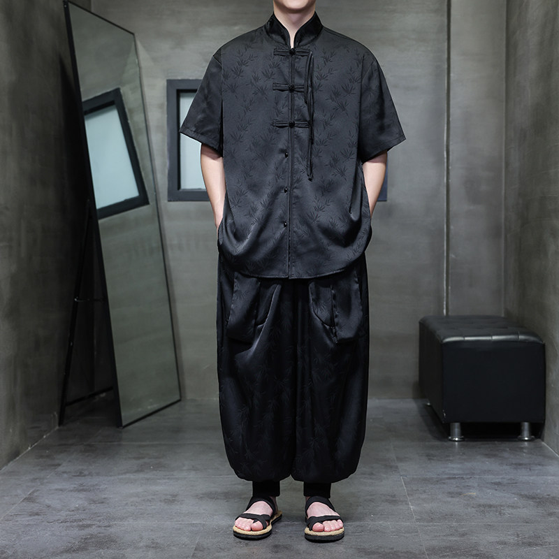 风A树叶暗纹提花冰丝衬衫男嘻哈飞鼠裤套装男TZ156-P136控158,男装衬衫,电商A005