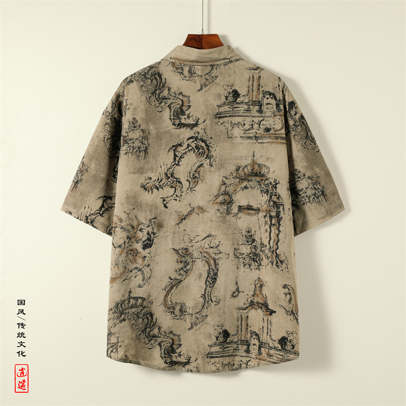 新中式A盘扣短袖衬衫男汉服唐装中山装树叶印花外套CS68-P70控98,男装衬衫,电商A005