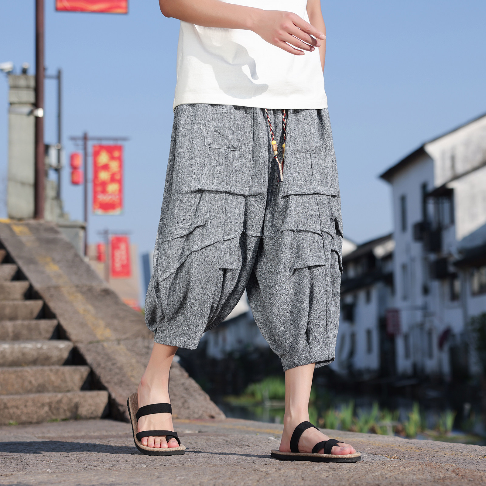 风G冰丝垂感折褶小众设计七分裤短裤阔腿裤男DK230-P60控88,男装牛仔裤,电商A005