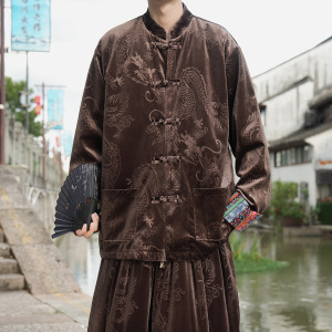 新中式A拼色民族风盘扣金丝绒龙纹衬衫夹克外套男JK26-P75控88图片